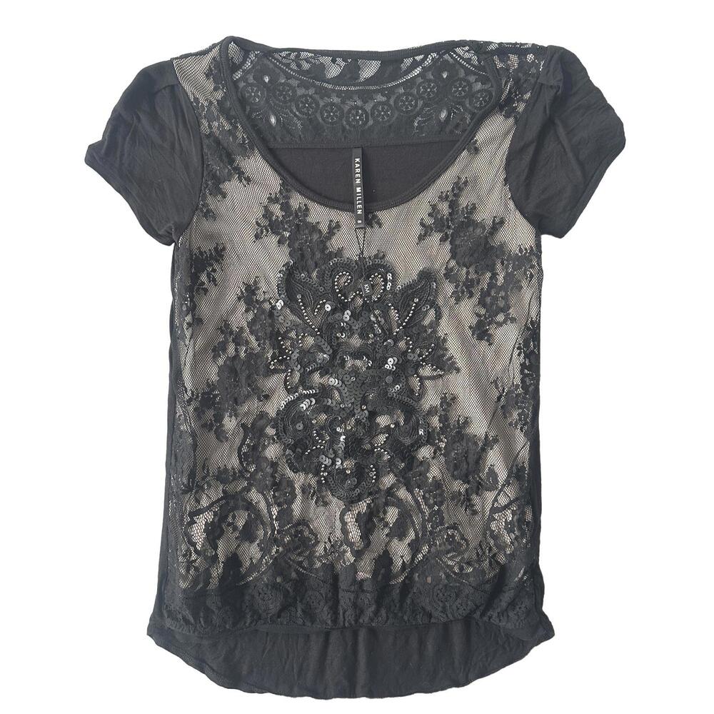 Karen Millen Black Lace and Sequin Embellished Short Sleeve Top - Size 8 NWOT